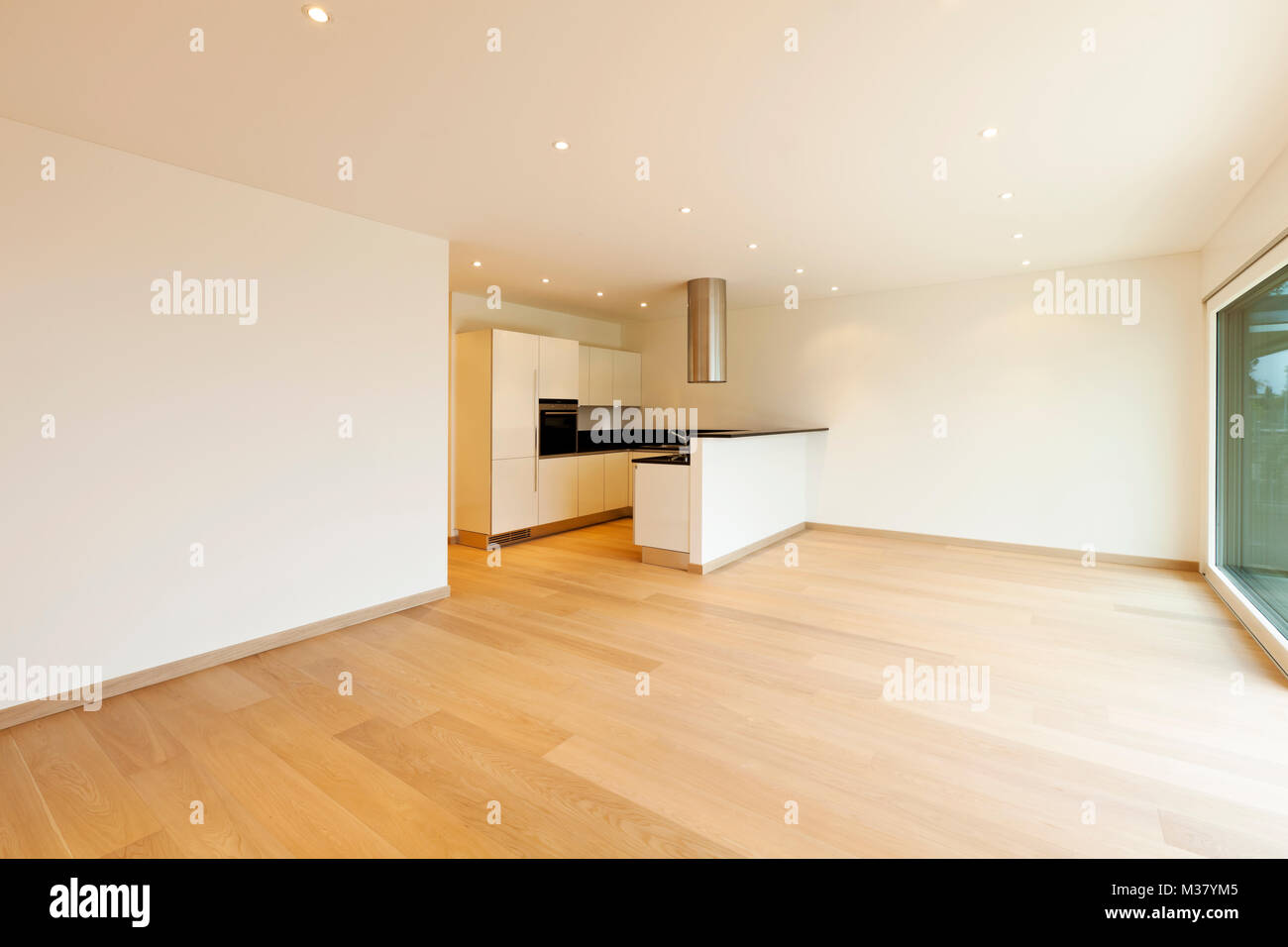 new apartment, large room with kitchen island Stock Photo