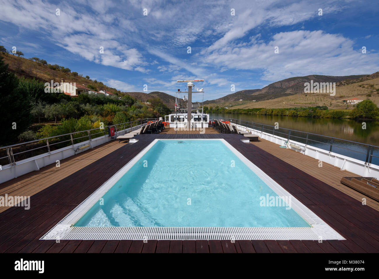 Douro Valley landscape viewed from the upper deck of the Douro Spirit cruise boat while moored at Barca d’Alva, Portugal, Europe Stock Photo