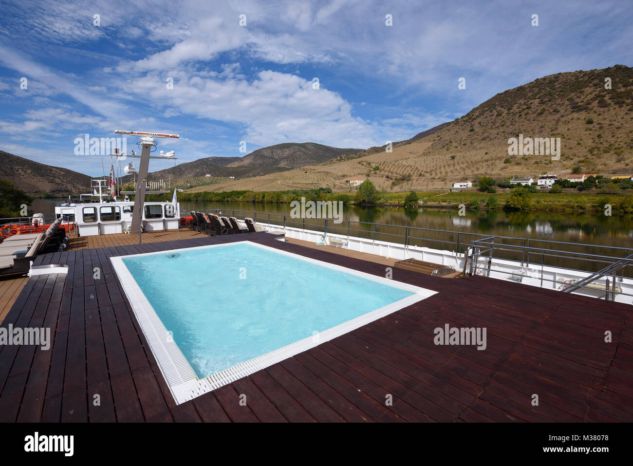 Douro Valley landscape viewed from the upper deck of the Douro Spirit cruise boat while moored at Barca d’Alva, Portugal, Europe Stock Photo