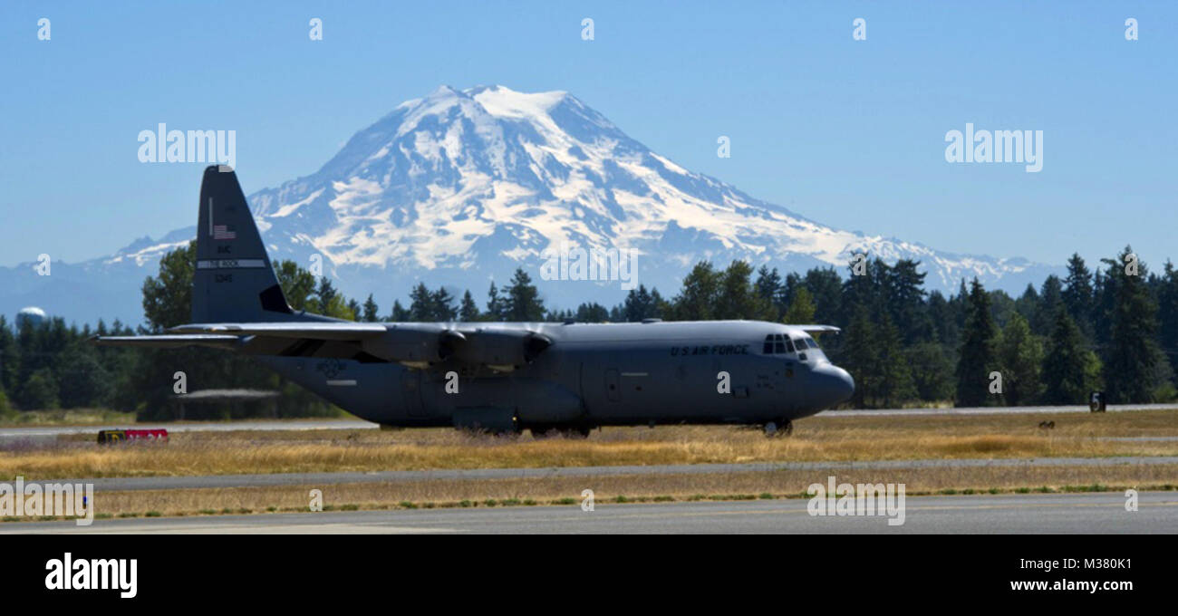 C-130J taxies past Mount Rainier at Joint Base Lewis McChord during ...