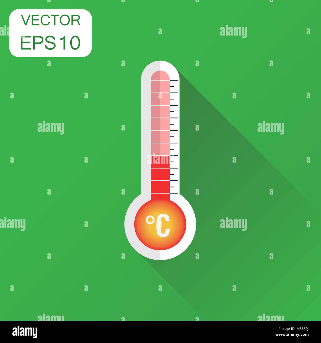 Thermometer icon. Business concept goal pictogram. Vector illustration on green background with long shadow. Stock Vector