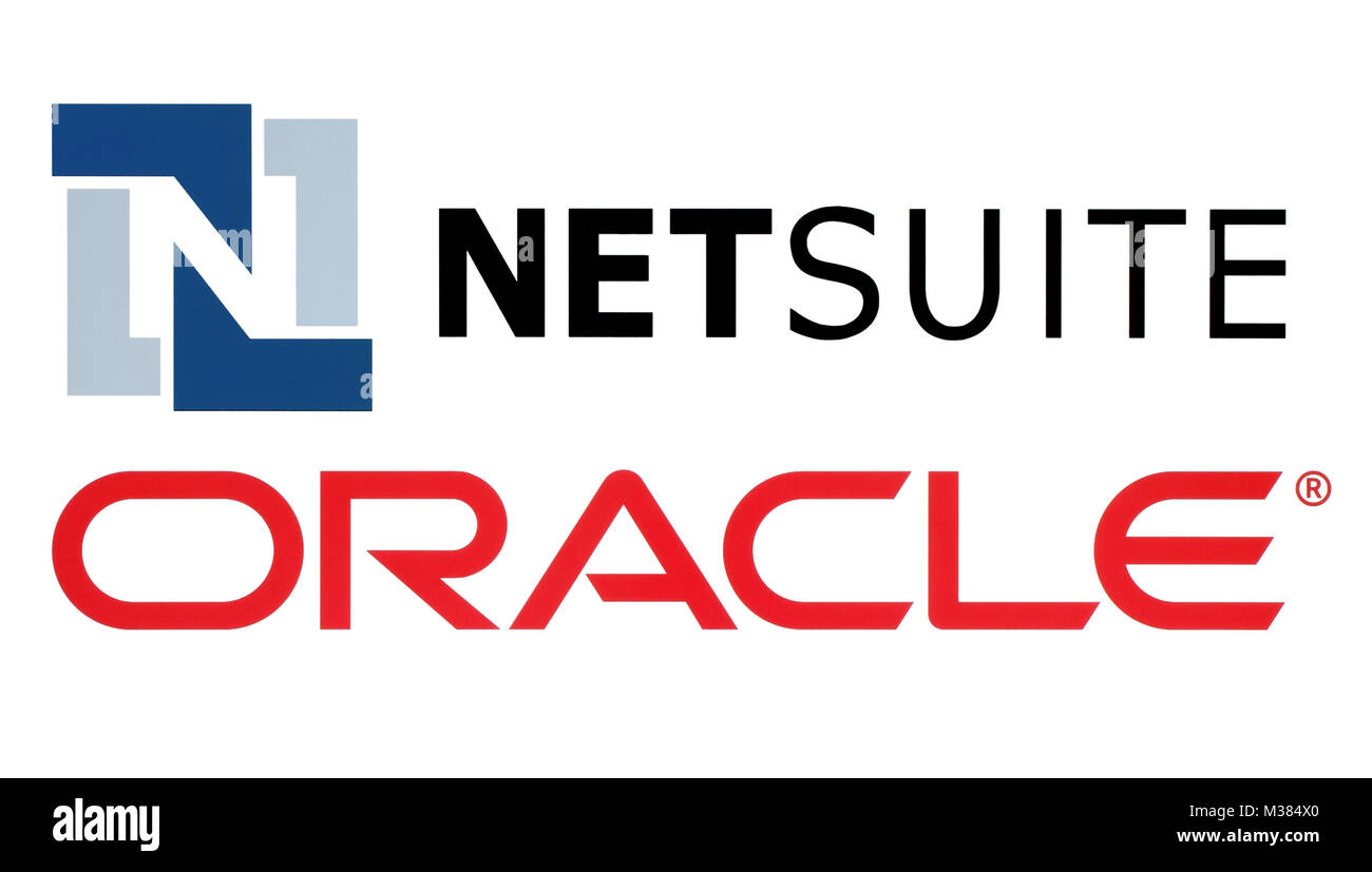 Kiev, Ukraine - November 11, 2016: Netsuite and Oracle logos printed on white paper. Oracle Corporation is a multinational computer technology corpora Stock Photo