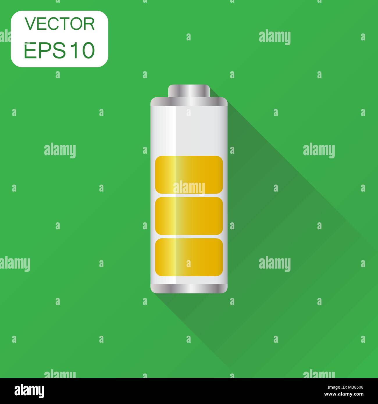 Battery charge level indicator icon. Business concept battery pictogram. Vector illustration on green background with long shadow. Stock Vector