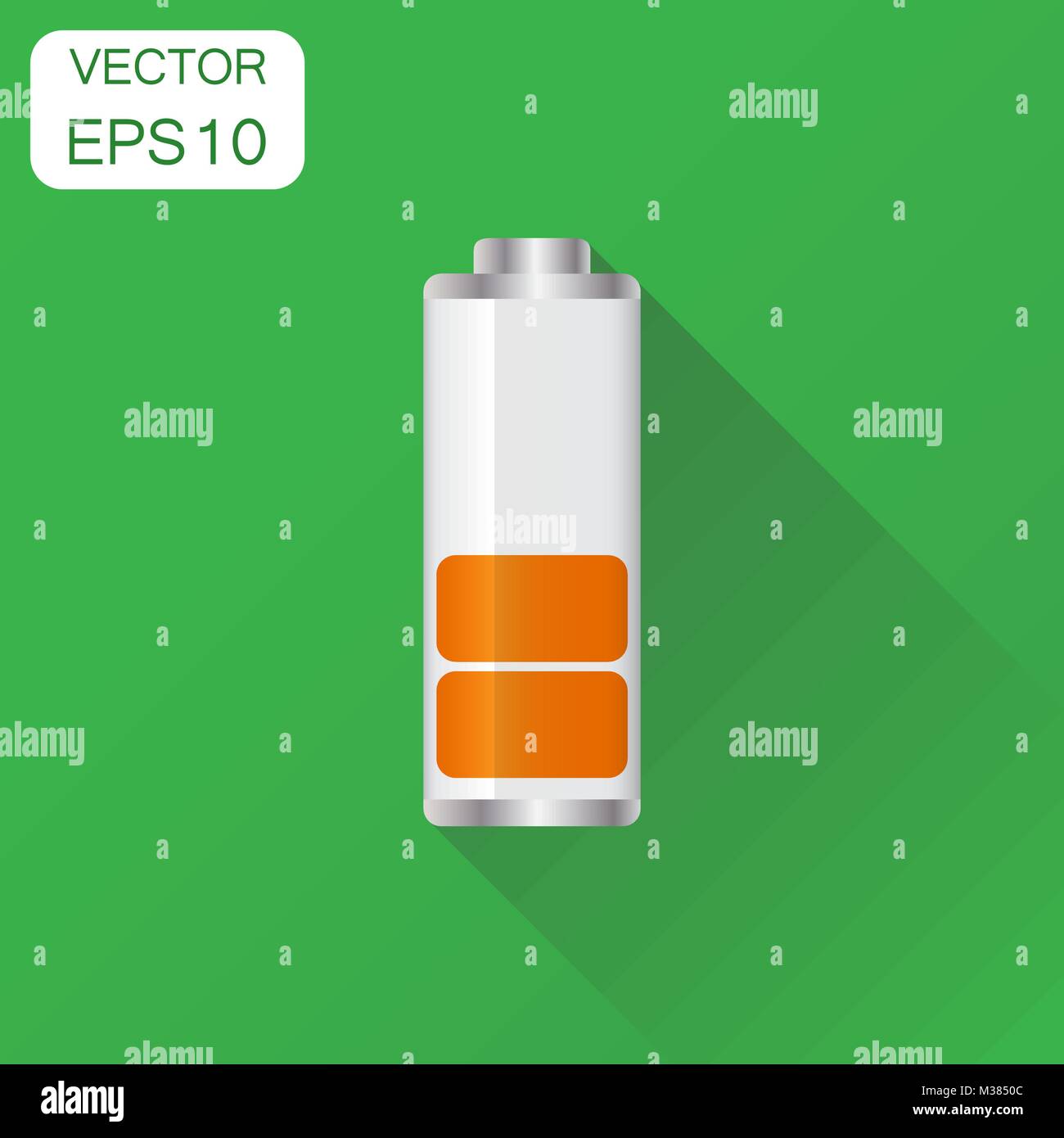 Battery charge level indicator icon. Business concept battery pictogram. Vector illustration on green background with long shadow. Stock Vector