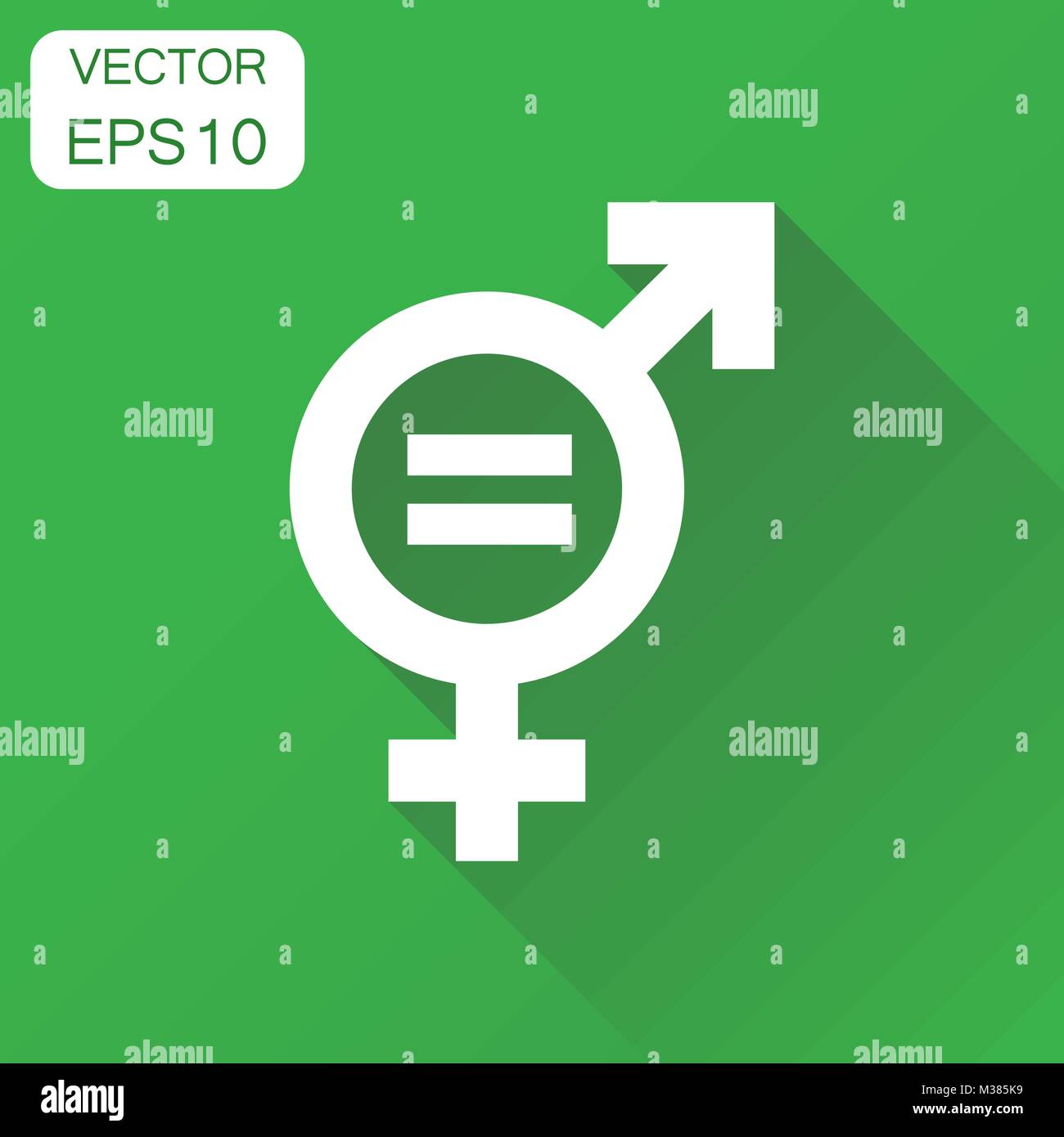 Gender equal sign icon. Business concept men and women equal pictogram. Vector illustration on green background with long shadow. Stock Vector