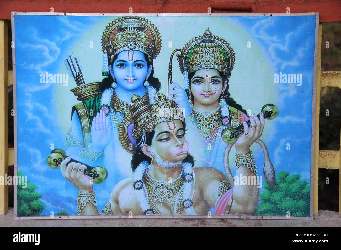 Sita Amman Temple Seetha Eliya Central Province Sri Lanka Said to be the spot where Ravana Held Sita Captive In The Ramayana Painting Of Lord Rama, Sita And Hanuman Stock Photo
