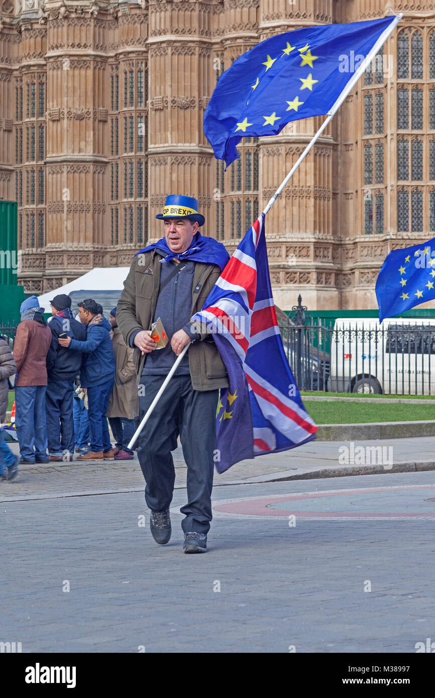 London, Westminster   A Stop Brexit campaign activist 'spreading the message' in Old Palace Yard Stock Photo