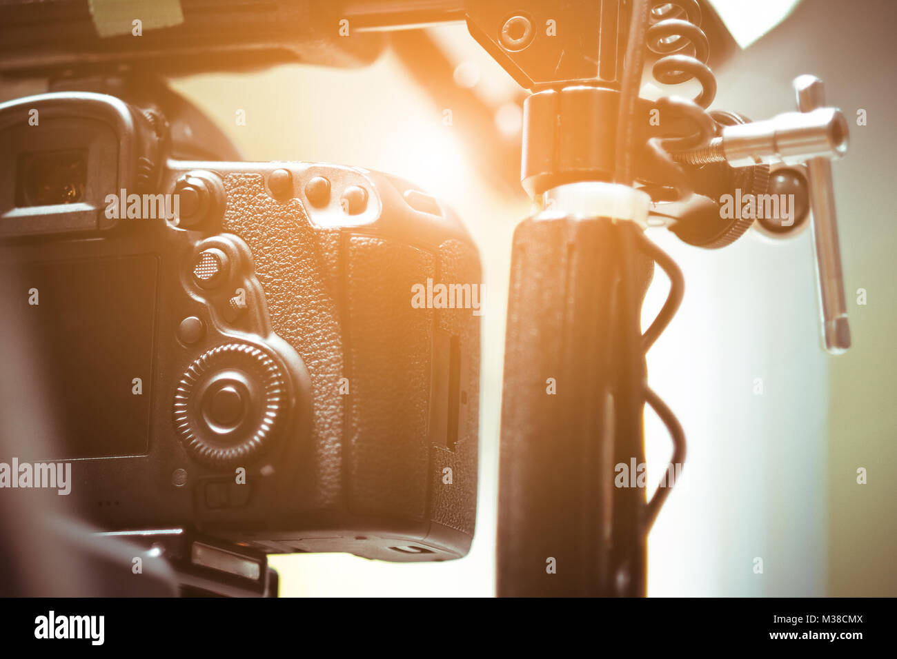 detail of professional camera equipment, film production studio Stock