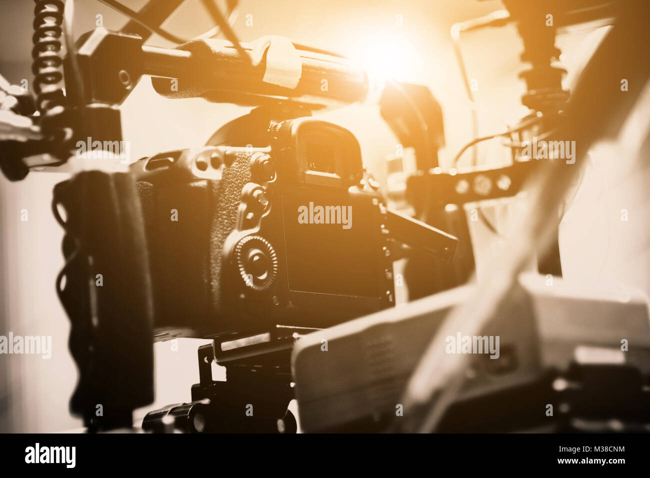 detail of professional camera equipment, film production studio Stock