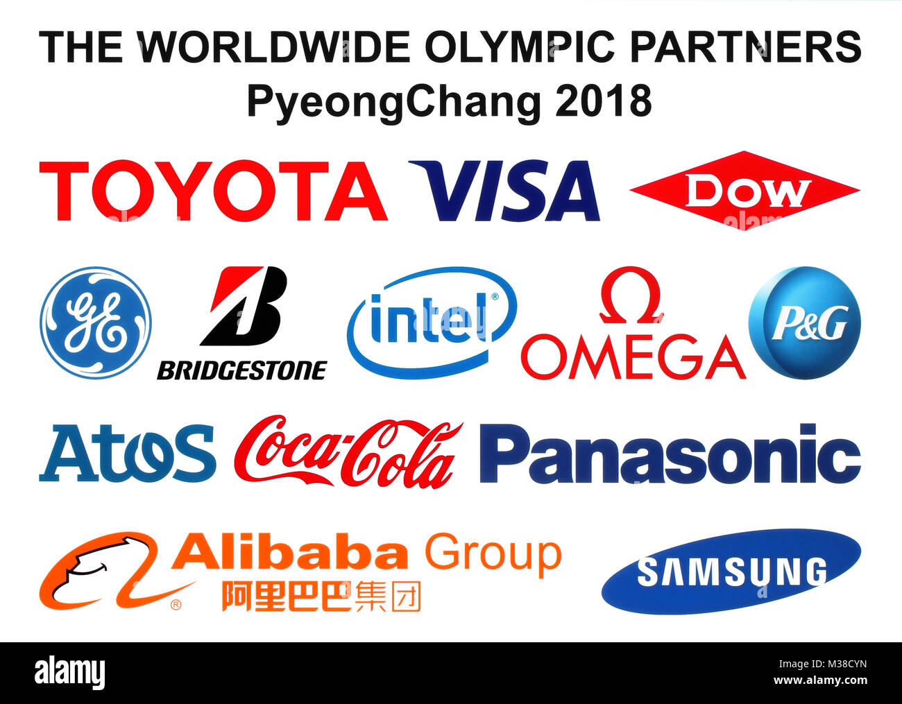 Kiev, Ukraine - September 30, 2017: The Worldwide Olymic Partners logos of the 2018 Winter Olympic Games in PyeongChang, Republic of Korea, from Febru Stock Photo