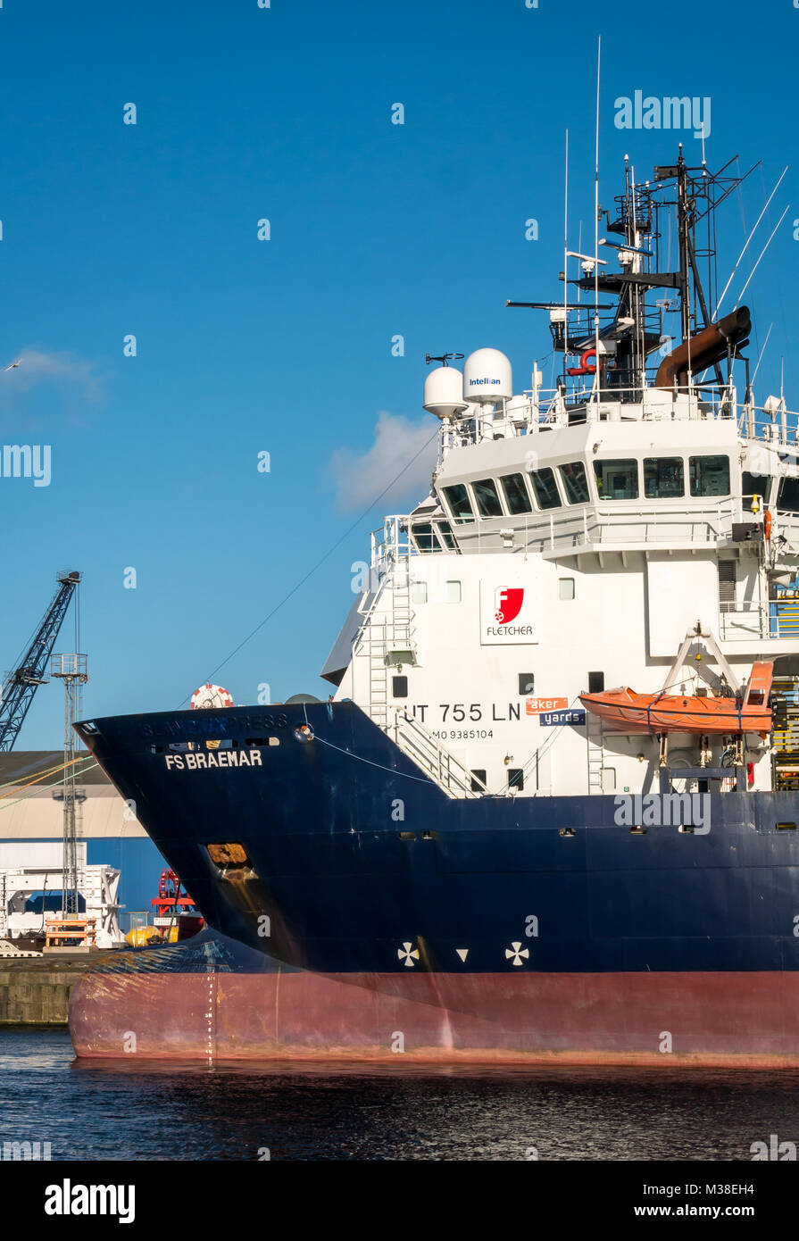 FS Braemar, offshore supply ship, Leith Dock, Edinburgh, Scotland, UK, with bulbous bow and lifeboat Stock Photo