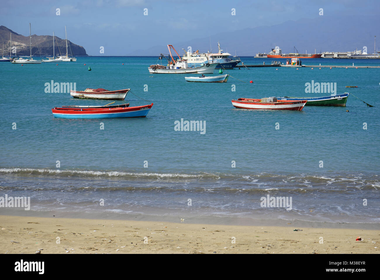 Fisher Boats, Mindelo, Sao Vincente Island, View to Santo Antao Island , Cape Verde Stock Photo