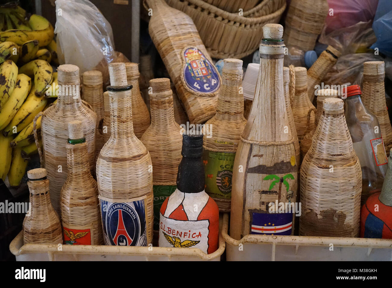 Bottles wirth Rum made of Sugar Cane, Mindelo, Cape Verde Stock Photo