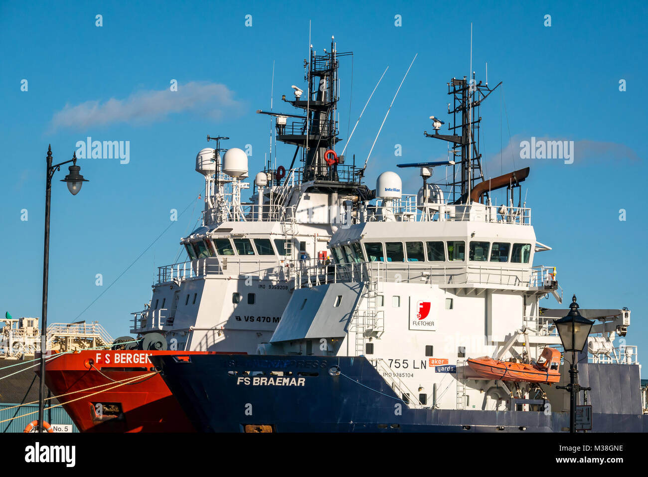 Oil rig supply vessels FS Bergen and FS Braemar moored in Leith Dock ...