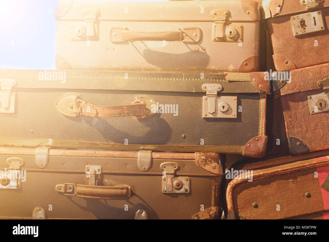 vintage suitcase   - stack of old  suitcases Stock Photo