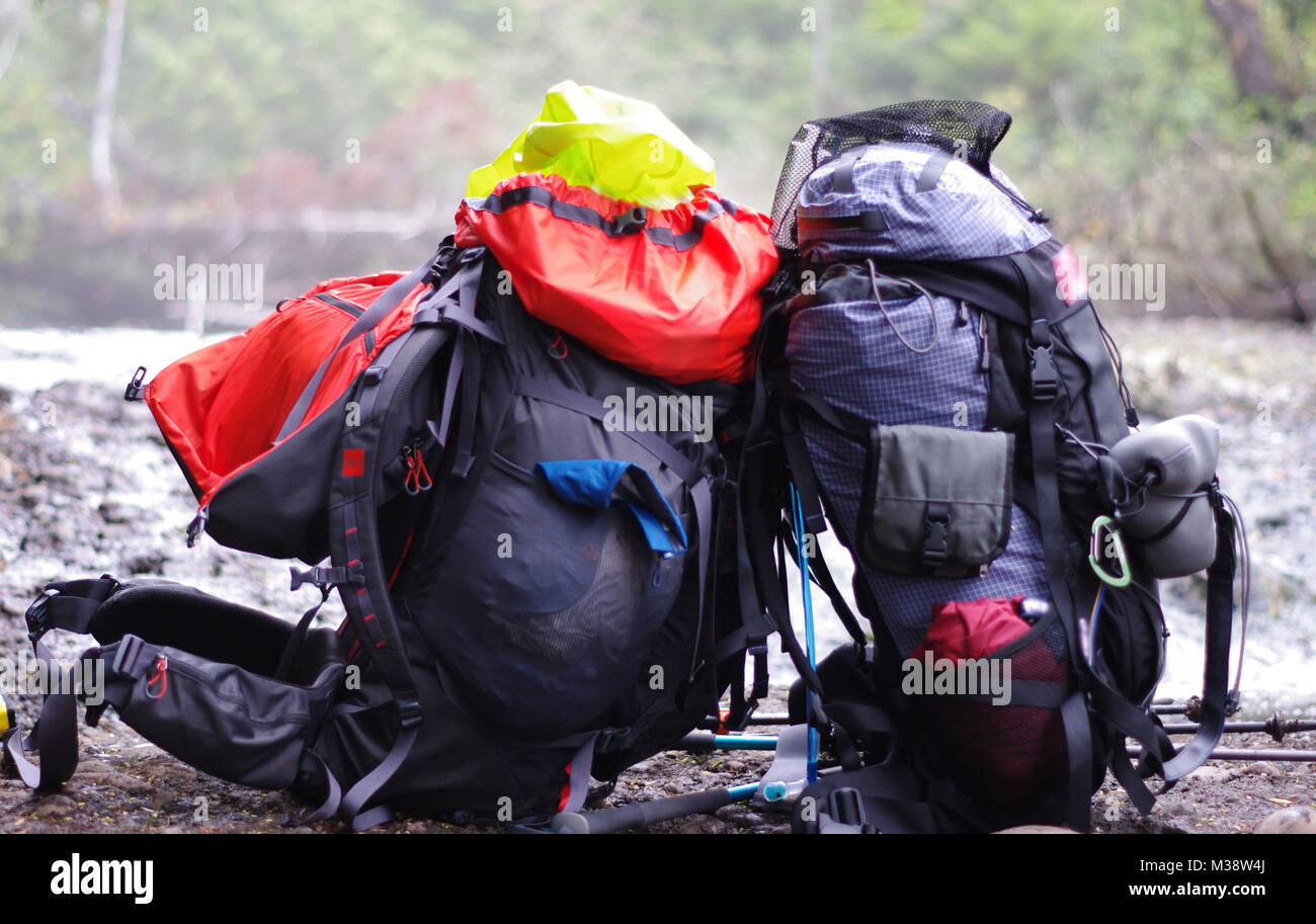 Two backpacks resting against one another on Vancouver Island Stock