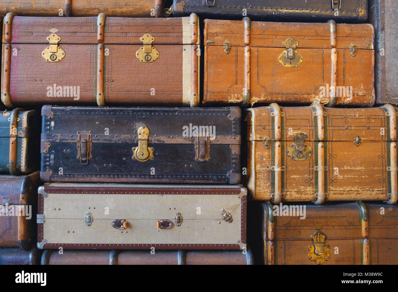 stack of vintage suitcases  - stack of old retro suitcases Stock Photo