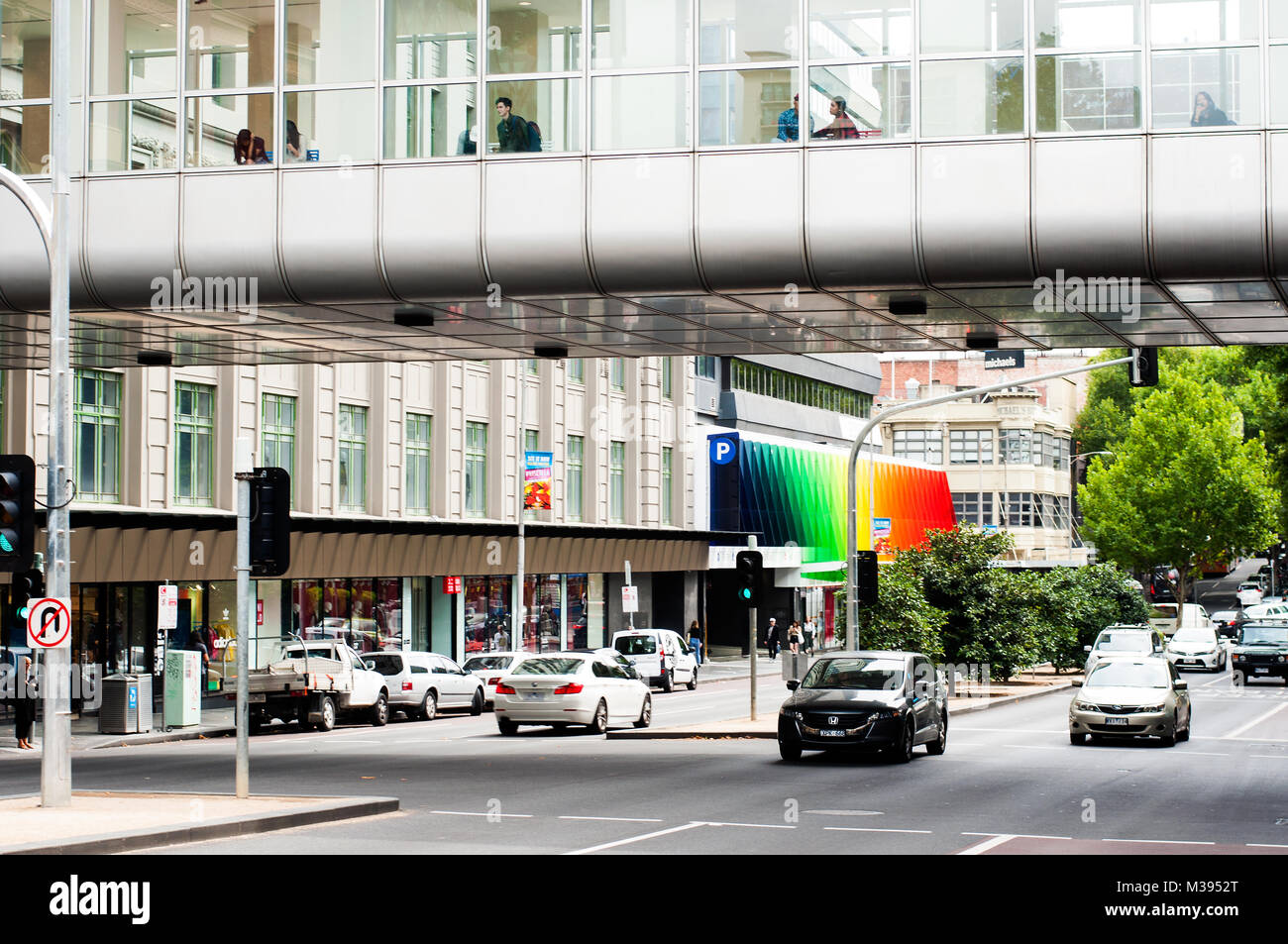 Lonsdale Street scene with the Myer Emporium skywalk, Melbourne, Australia Stock Photo