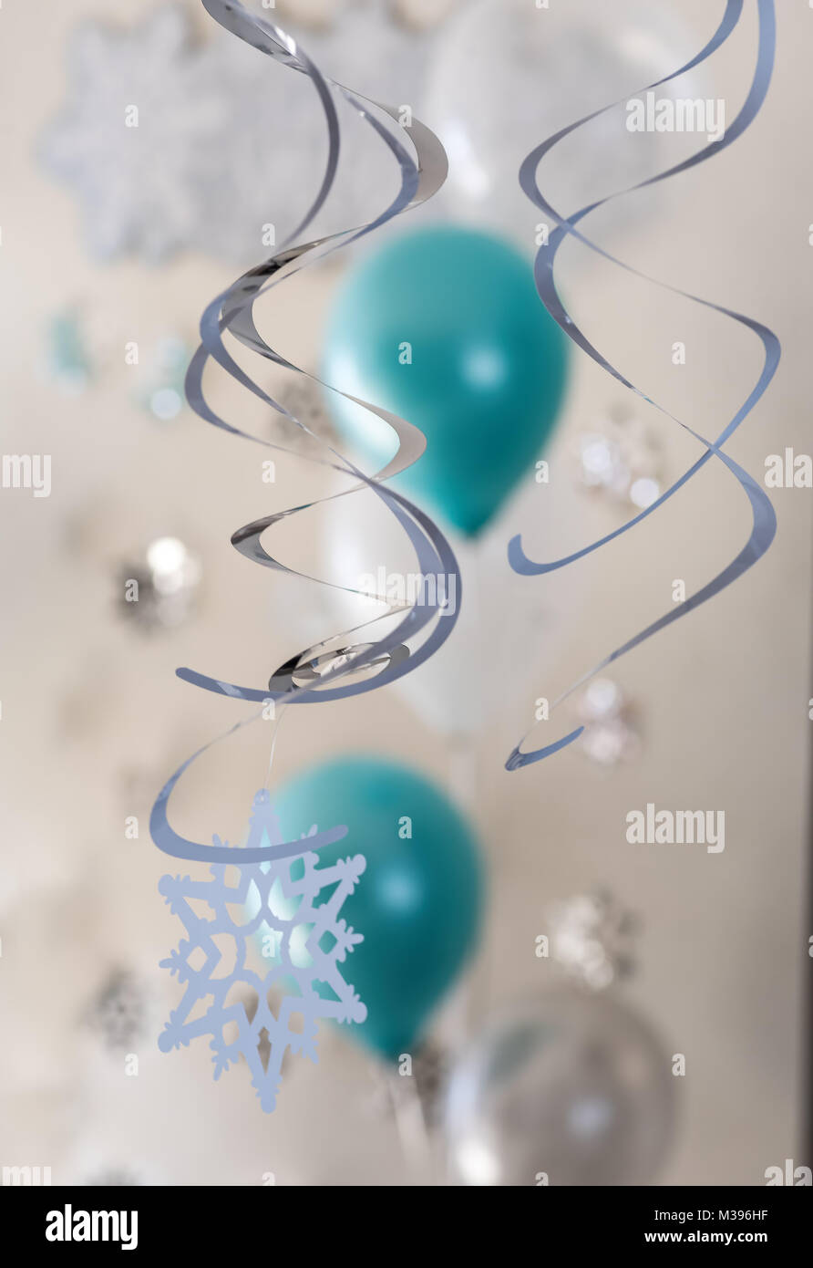 Festive Winter Party Decorations With Balloons And Snowflakes