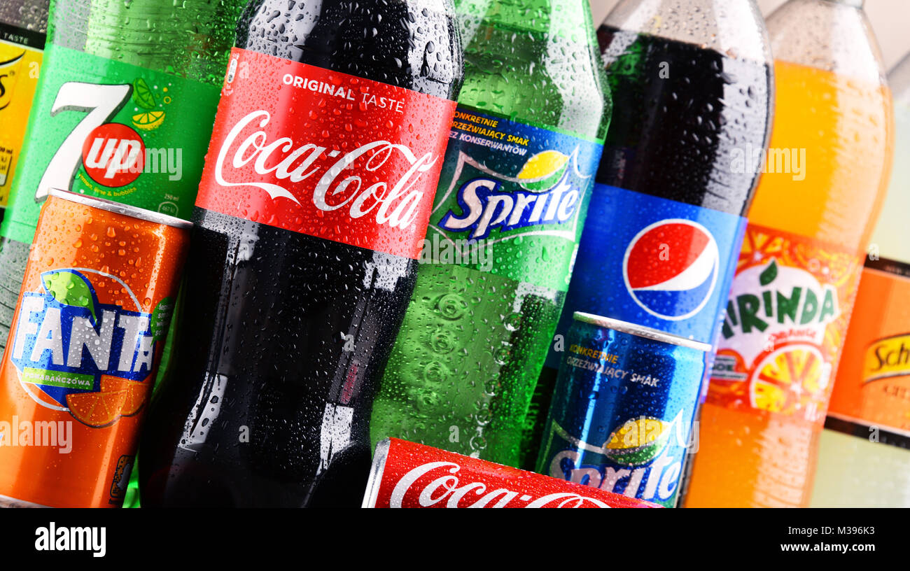 POZNAN, POLAND DEC 15, 2017 Bottles of global soft drink brands including products of Coca