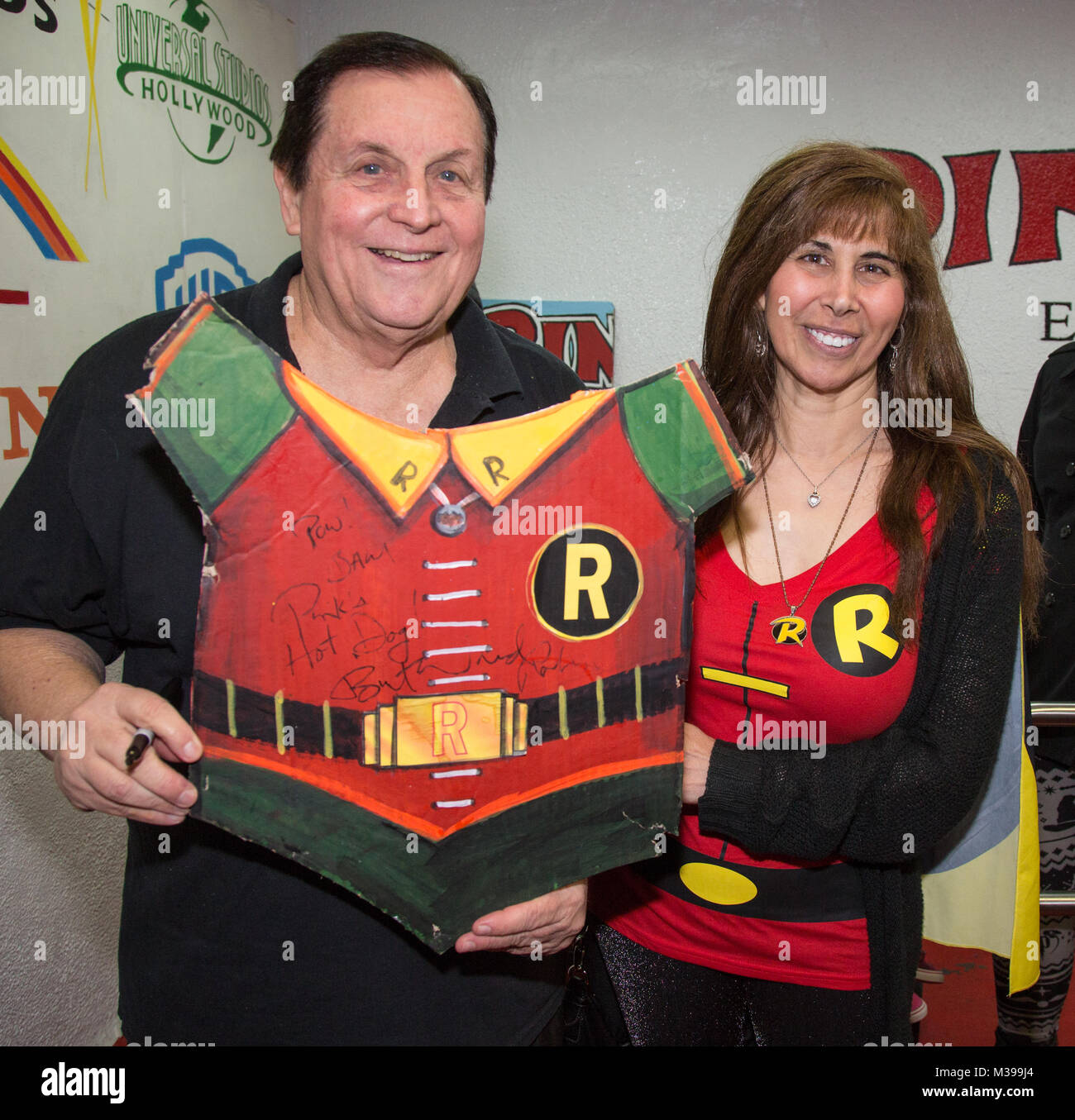 Pink's Hot Dogs honors Burt Ward, 'Robin', from 'Batman' with a hot dog named after him, the dedication was a part of the 'Batman '66' exhibit which is opening at the Hollywood Museum  Featuring: Burt Ward, Tracy Posner Ward Where: Los Angeles, California, United States When: 09 Jan 2018 Credit: Sheri Determan/WENN.com Stock Photo