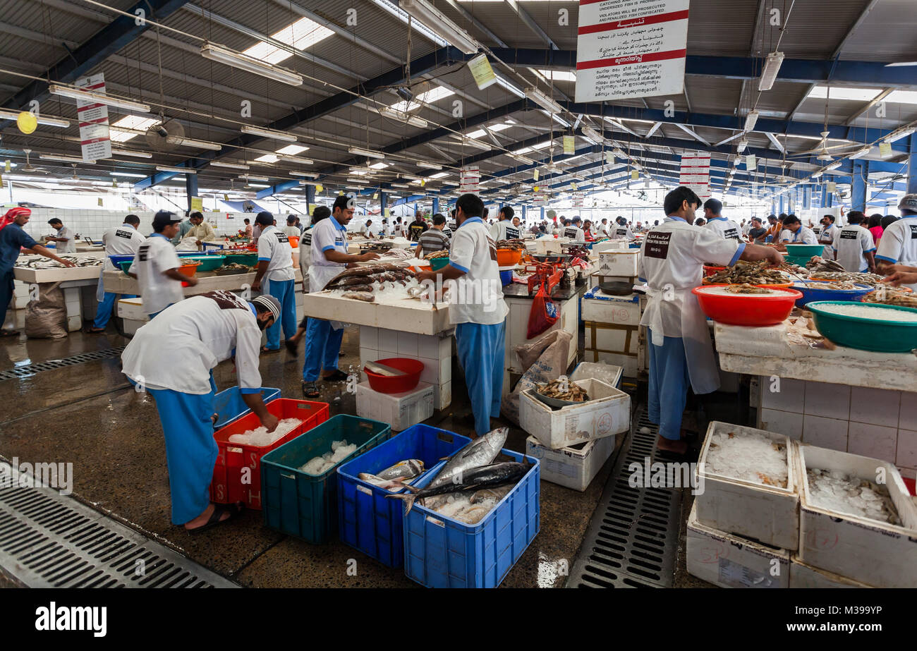Deira,Dubai, UAE May 17,2014 Fishermen sell fresh fish at the daily