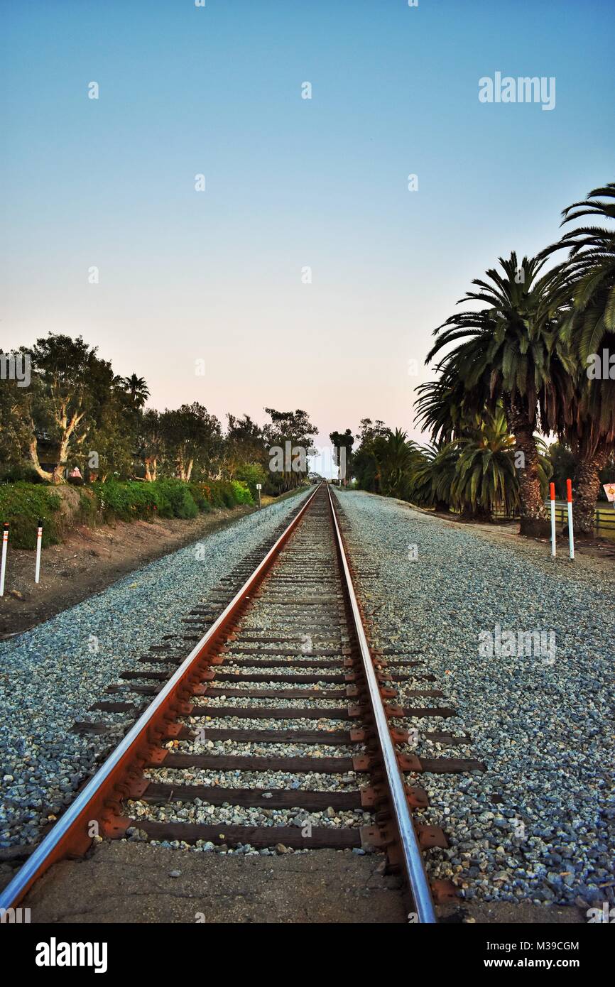 Railroad Tracks In Carpentaria California Surrounded By Palm Trees And Blue Sky Stock Photo