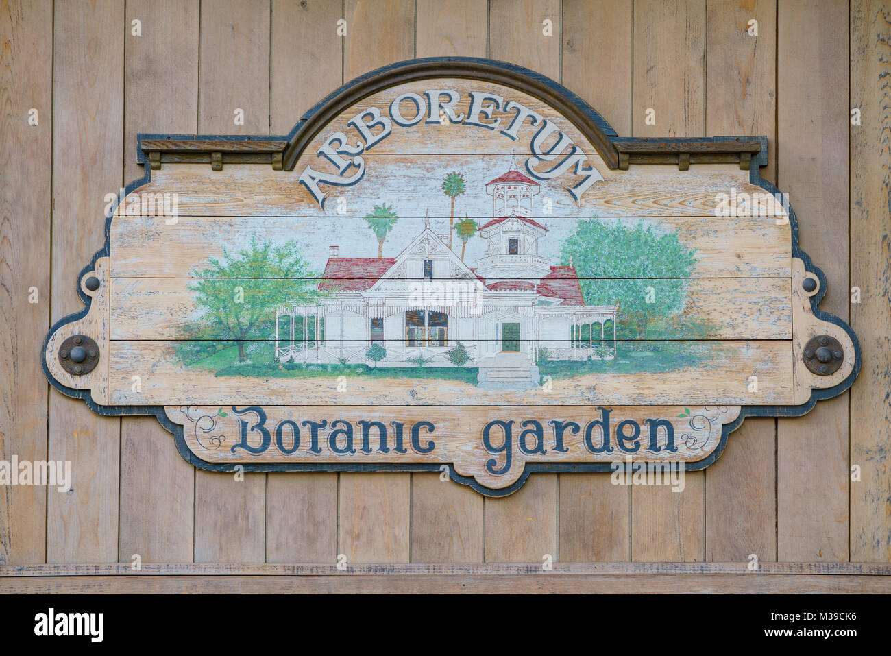 Los Angeles, DEC 31: Old wood sign of Los Angeles County Arboretum & Botanic Garden on DEC 31, 2017 at Los Angeles, California Stock Photo