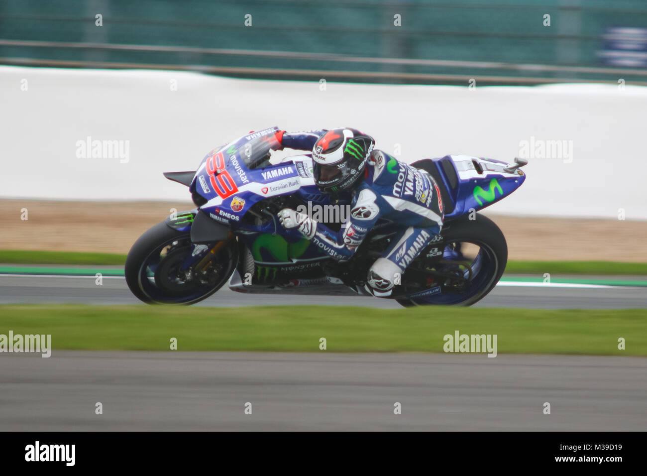 Jorge Lorenzo on the Z1 Yamaha at high speed  though Becketts during MotoGP Qualifying for the British Grand Prix 2016 Stock Photo