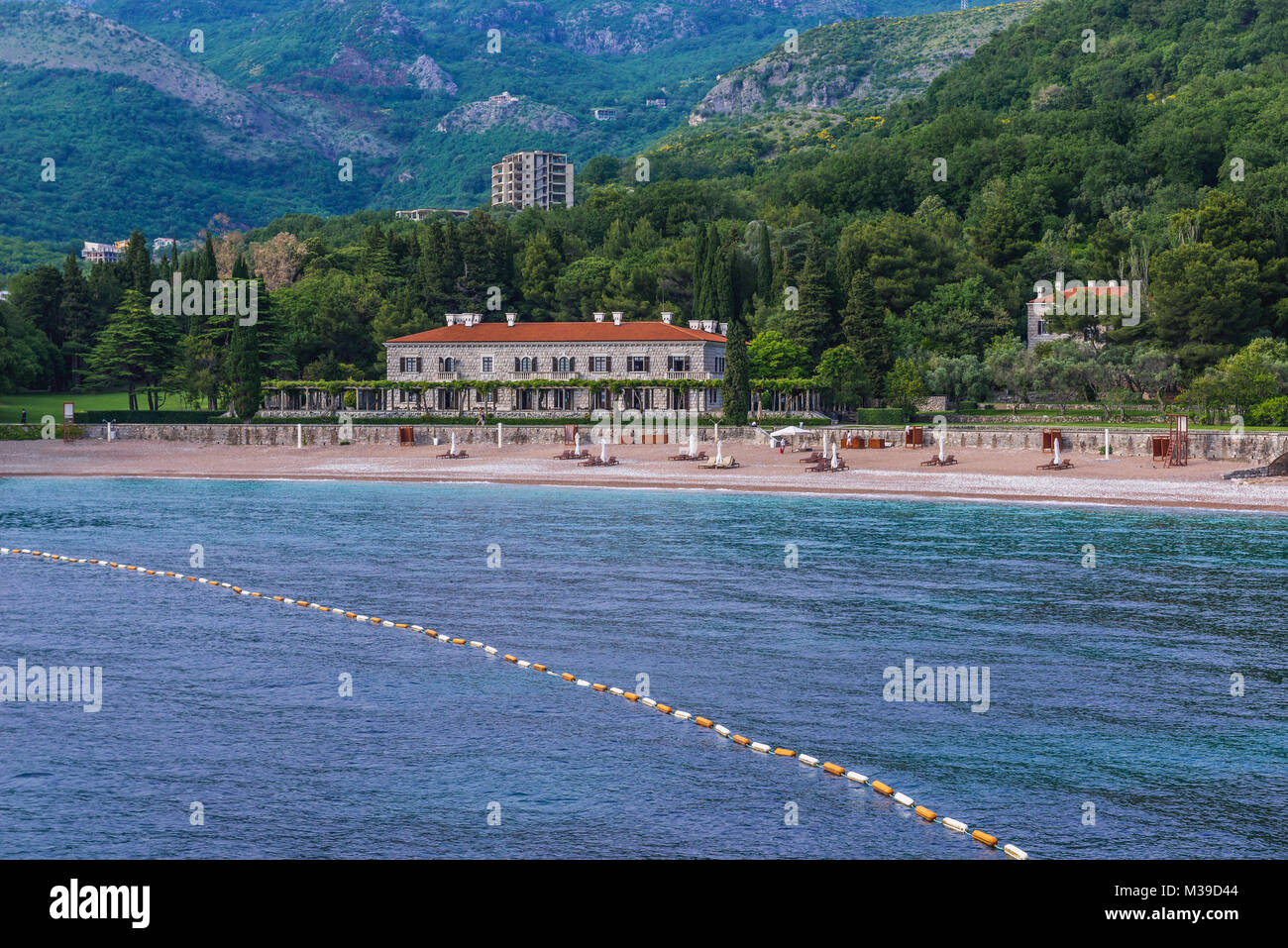 Queen’s Beach in front of Villa Milocer Aman Sveti Stefan luxury hotel in Przno, Montenegro Stock Photo