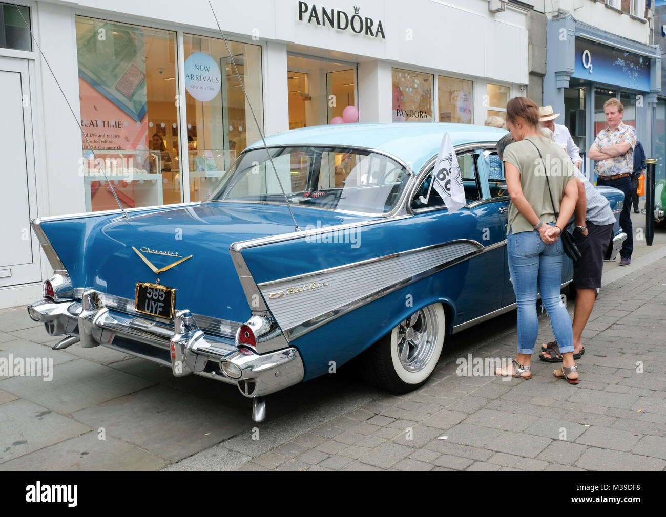 Retro Day in the streets of Gloucester. Classic motor vehicles and period costumes in Gloucester's 'gate' streets.1957 Chevrolet BelAir sedan. Stock Photo