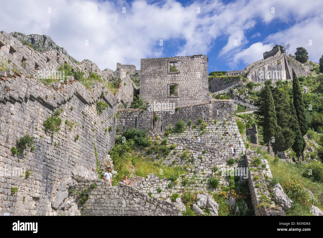 Ruins of ancient Saint John Fortress above Kotor coastal city, located