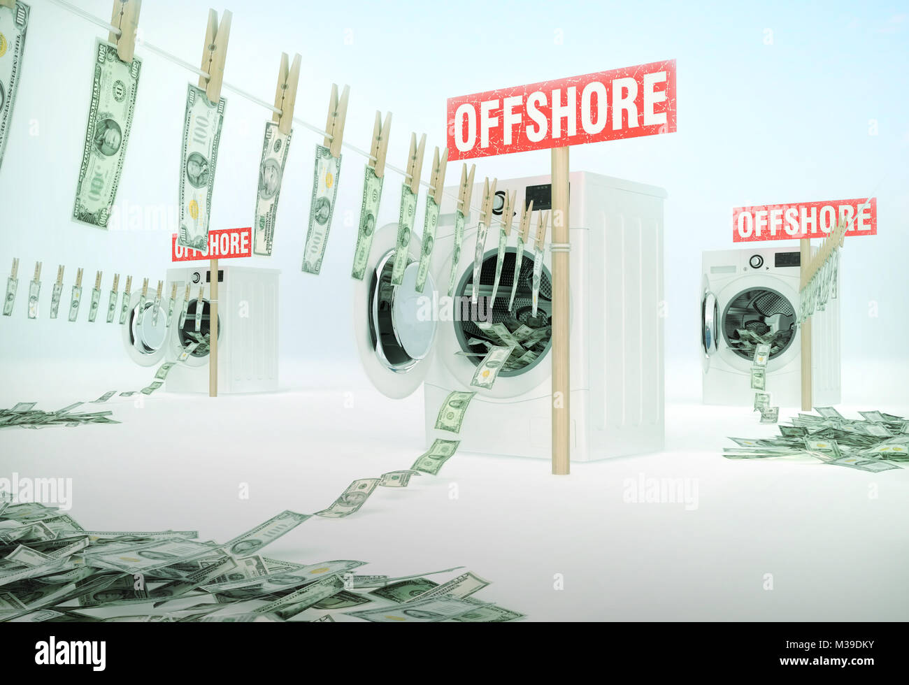 Concept of money laundering, money hanging on a rope coming out of the