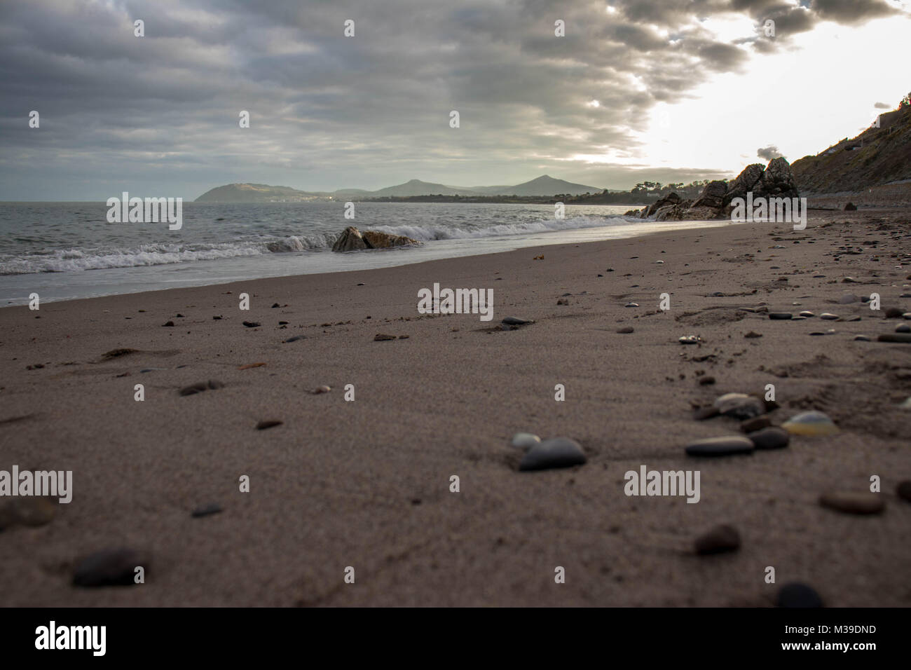 A view of Killing Bay at Golden Hour, looking at Bray Head and the Sugar Loaf. Stock Photo