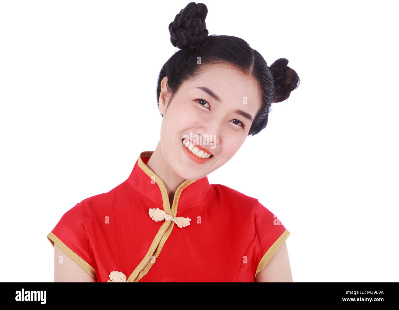 Beautiful Woman Wear Red Cheongsam In Concept Of Happy Chinese New