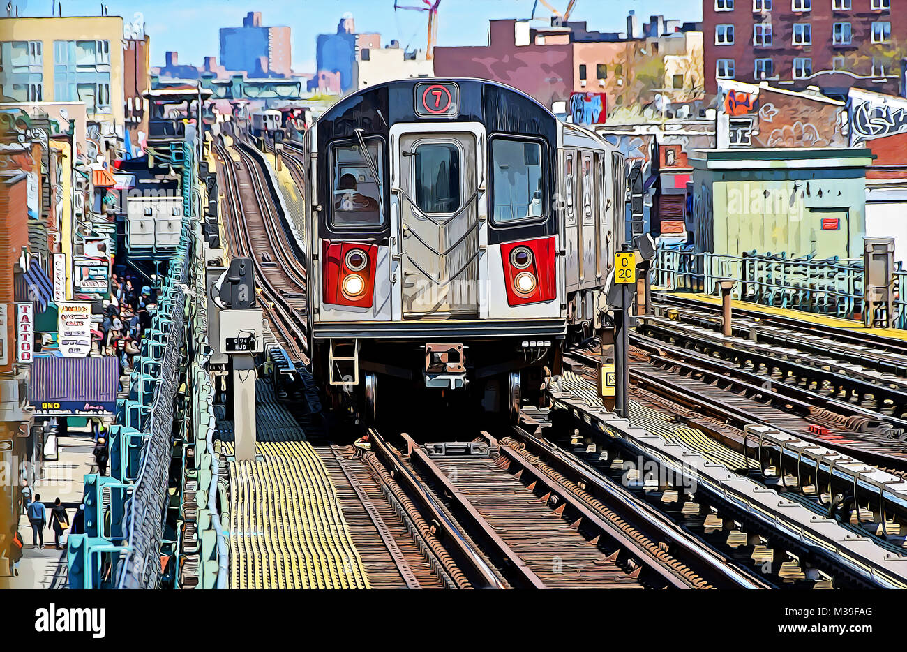 A photoshop manipulated photo of the elevated 7 subway train approaching a station in Jackson Heights, Queens New York. Stock Photo