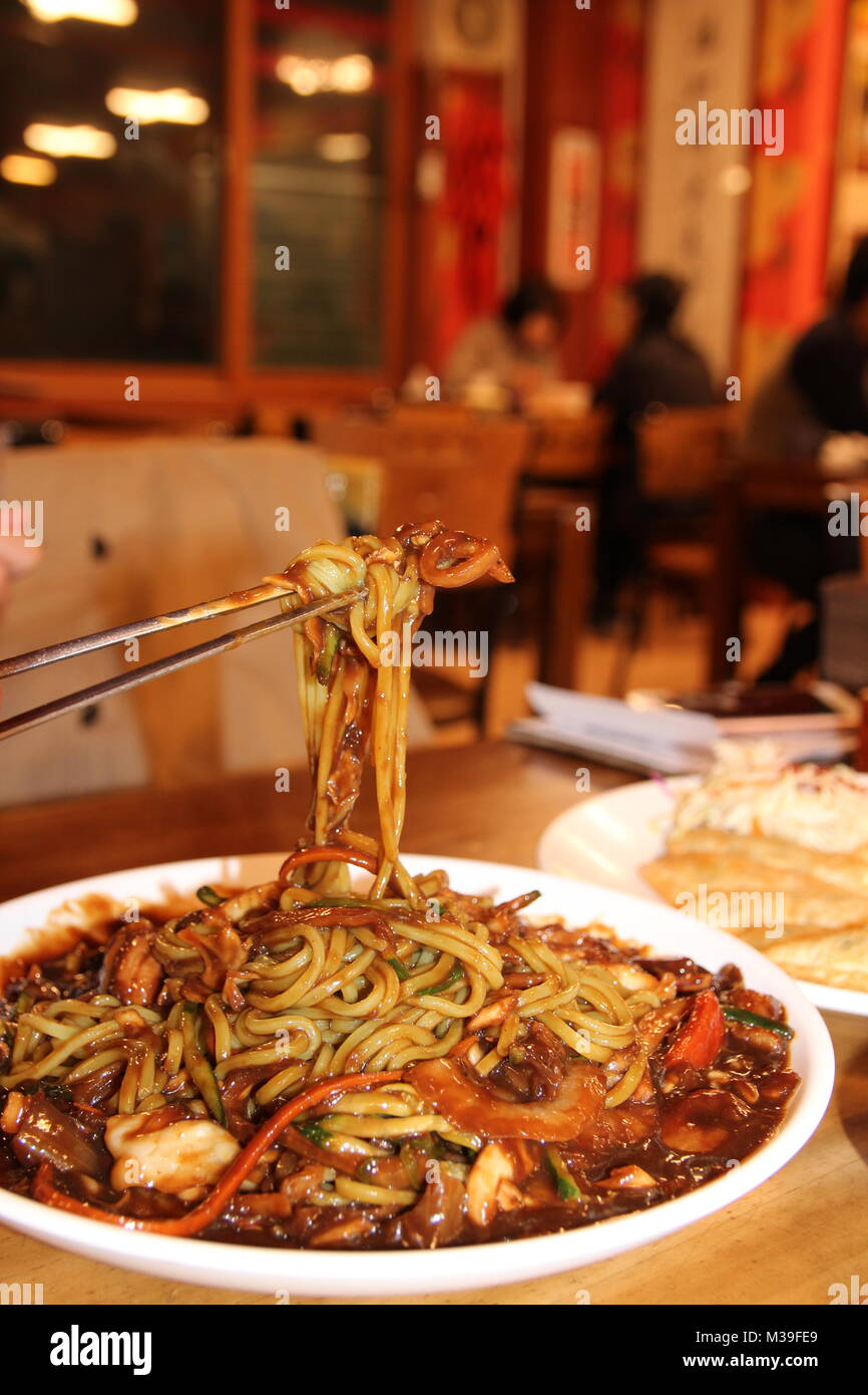 Close up of Jajangmyeon, Korean black bean sauce noodles at Korean