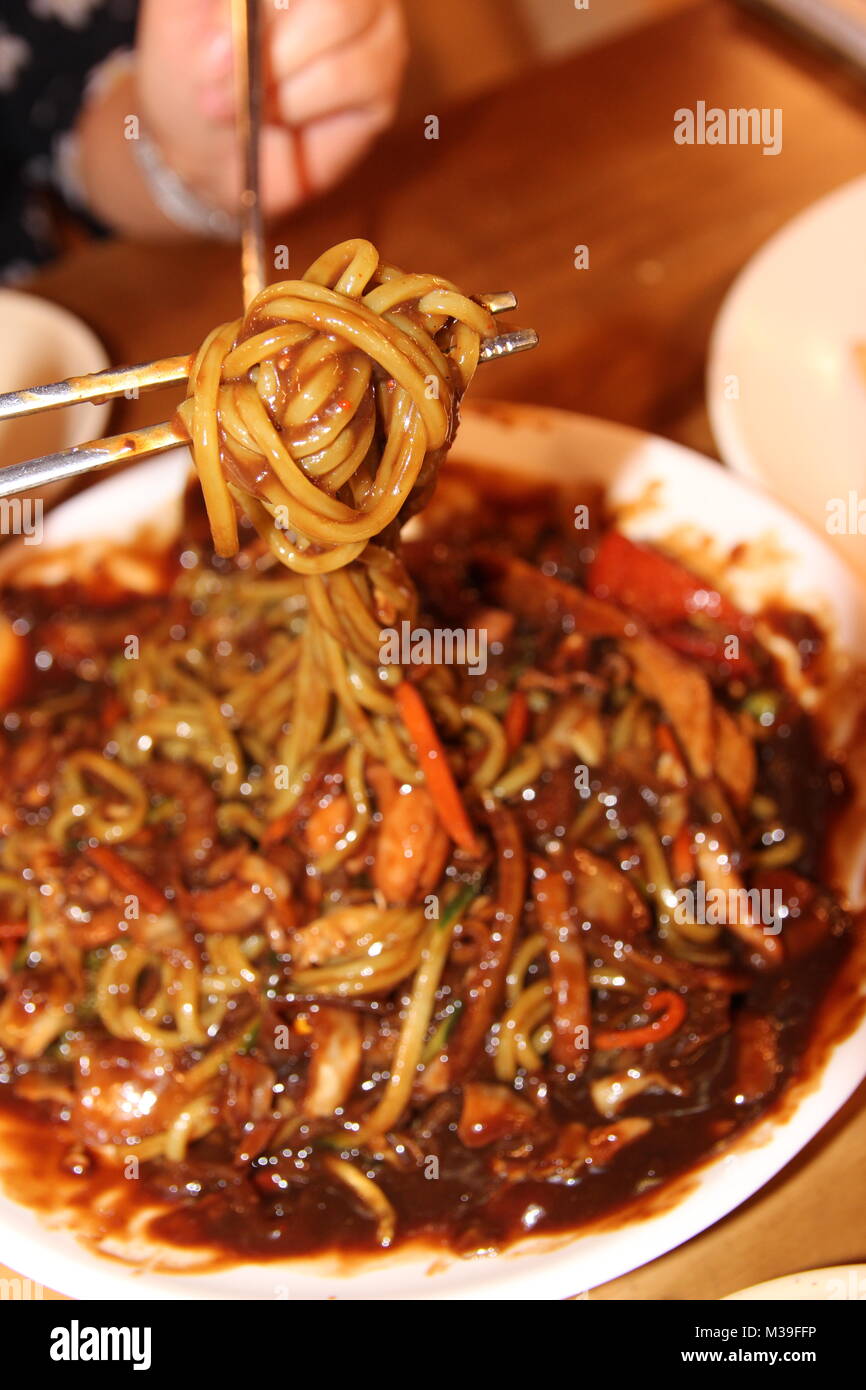 Close up of Jajangmyeon, Korean black bean sauce noodles at Korean