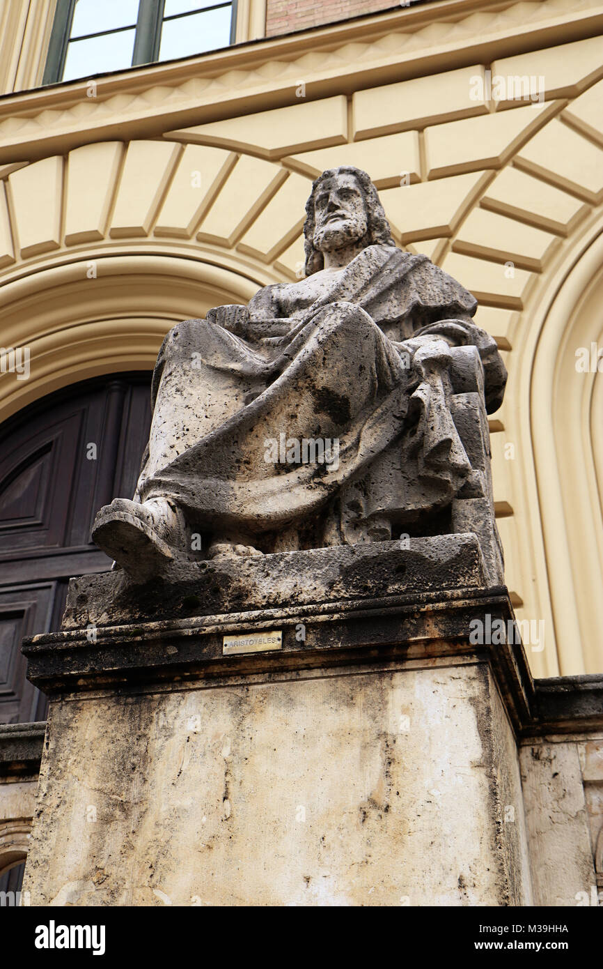 Aristotle, the Greek philosopher statue by Ludwig von Schwanthaler (XIX century) in front of the entrance of Bavarian State Library in Munich, Germany Stock Photo