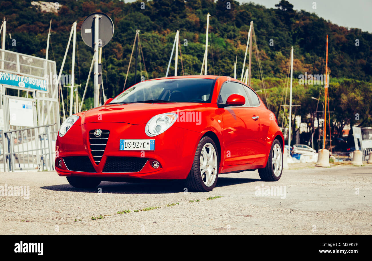 SISTIANA ,FVG, ITALY MAY 10, 2013: Photo of a  Alfa Romeo Mito 155cv Turbo at Sistiana,Friuli Venezia Giulia, Italy. Designed by Centro Stile Alfa Rom Stock Photo