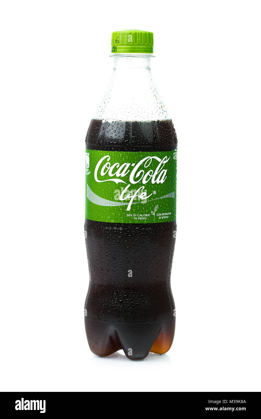 TRIESTE, ITALY - MAY 11, 2016, Plastic bottle of Coca-Cola Life. Isolated on white Background. Coca Cola, Coke is the most popular carbonated soft dri Stock Photo