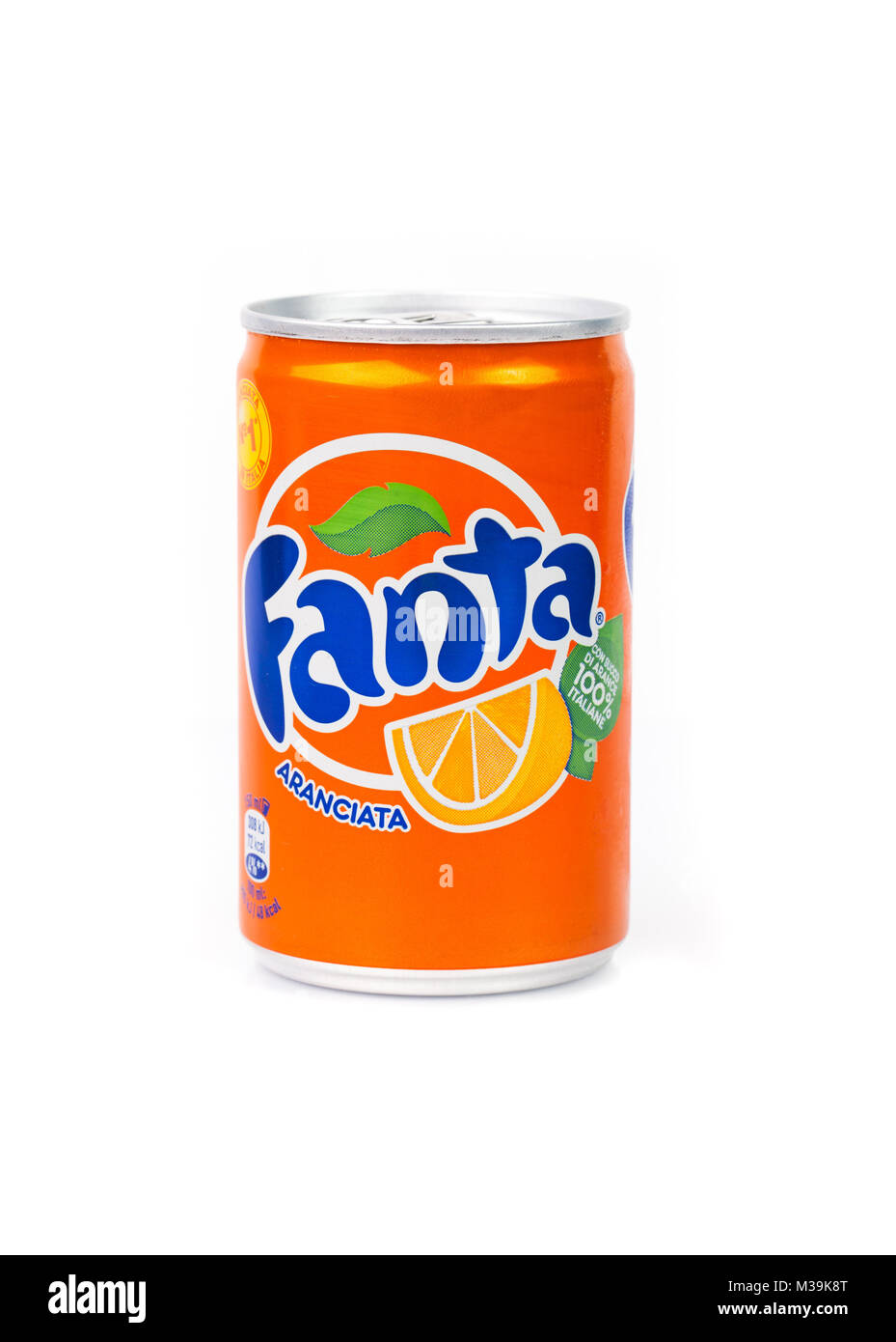 TRIESTE, ITALY - April 14, 2016, Aluminium can of Fanta Drink . Isolated on white Background. Fanta is a global brand of fruit-flavored carbonated sof Stock Photo