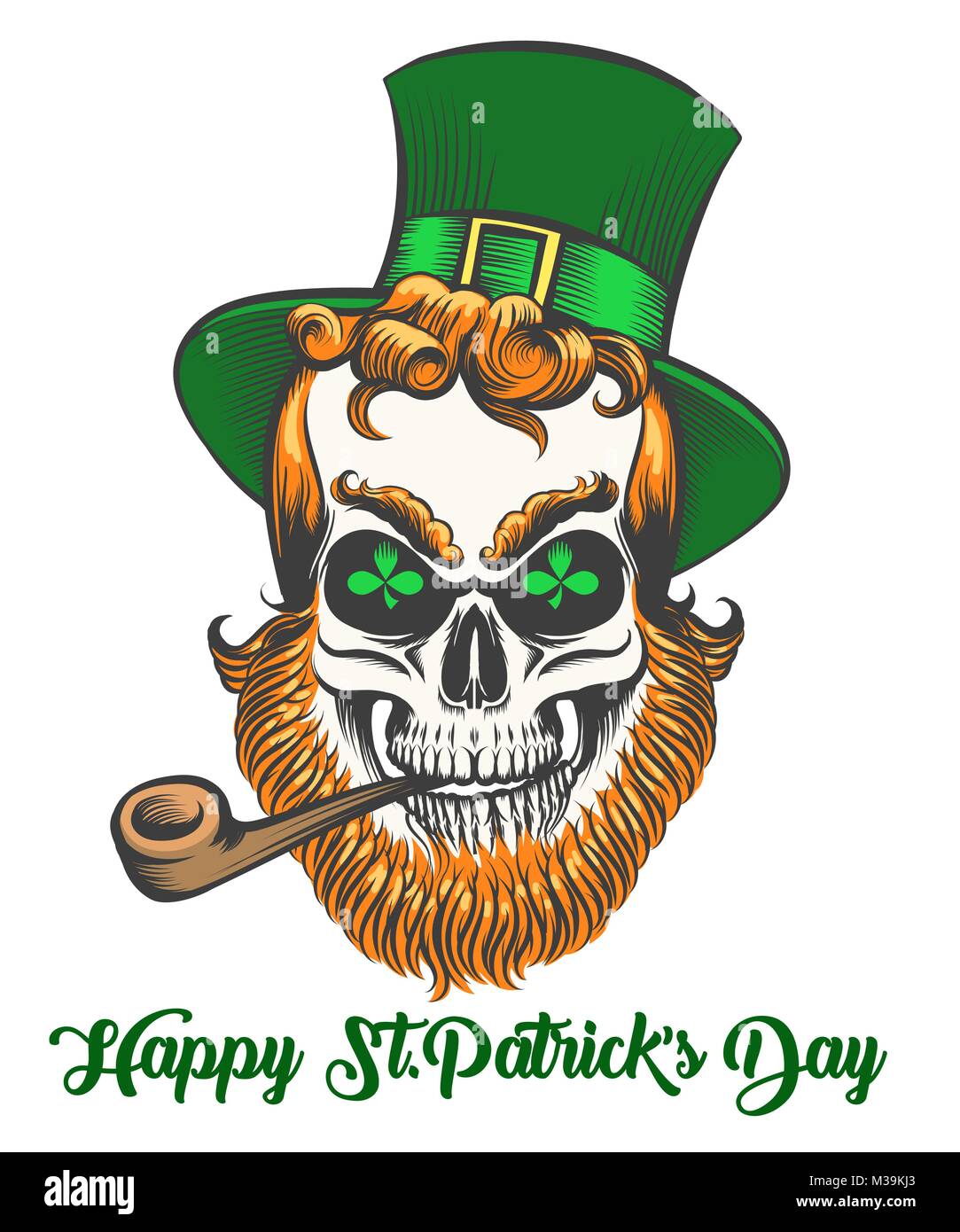 St.Patrick skull with smoking pipe and shamrock leaves in eye sockets. Vector illustration. Stock Vector