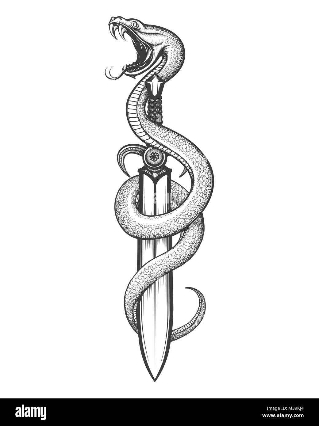 Snake and Sword drawn in tattoo style. Vector illustration. Stock Vector