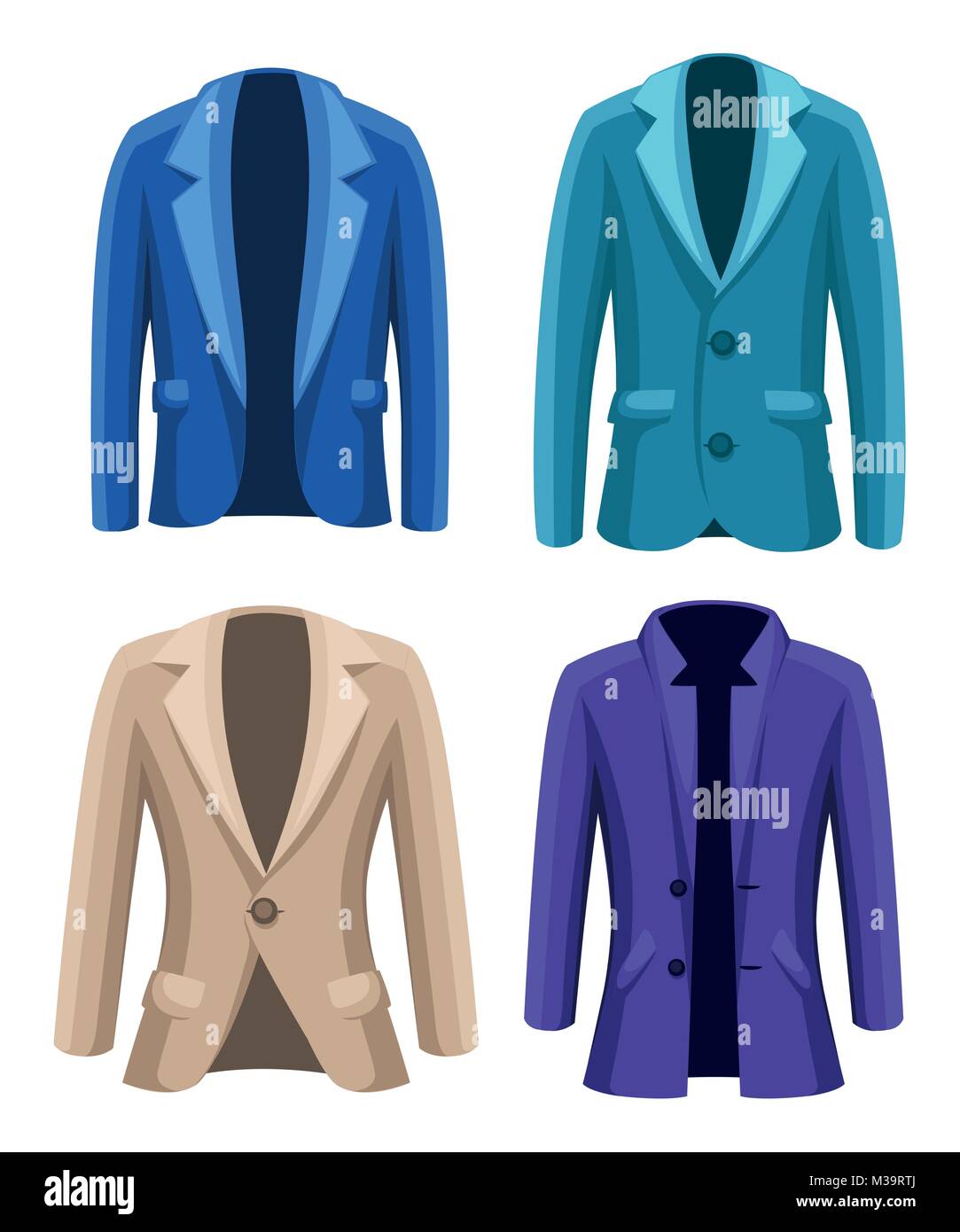 Business suit mens jacket four jackets of different colors and types blue green violet beige vector illustration on white background. Stock Vector