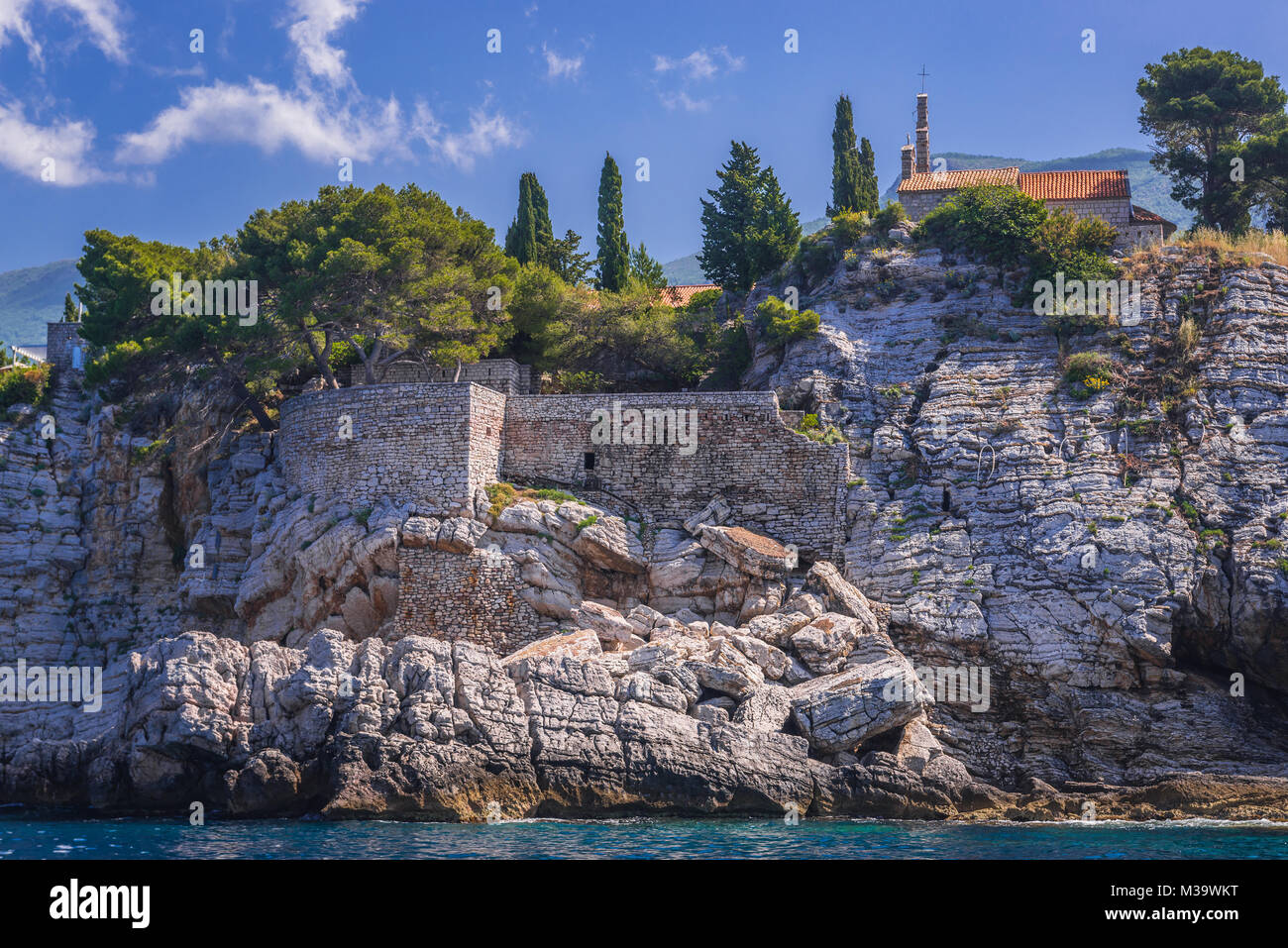 Close up on Sveti Stefan islet and five star Aman Sveti Stefan hotel resort on the Adriatic coast of Montenegro Stock Photo