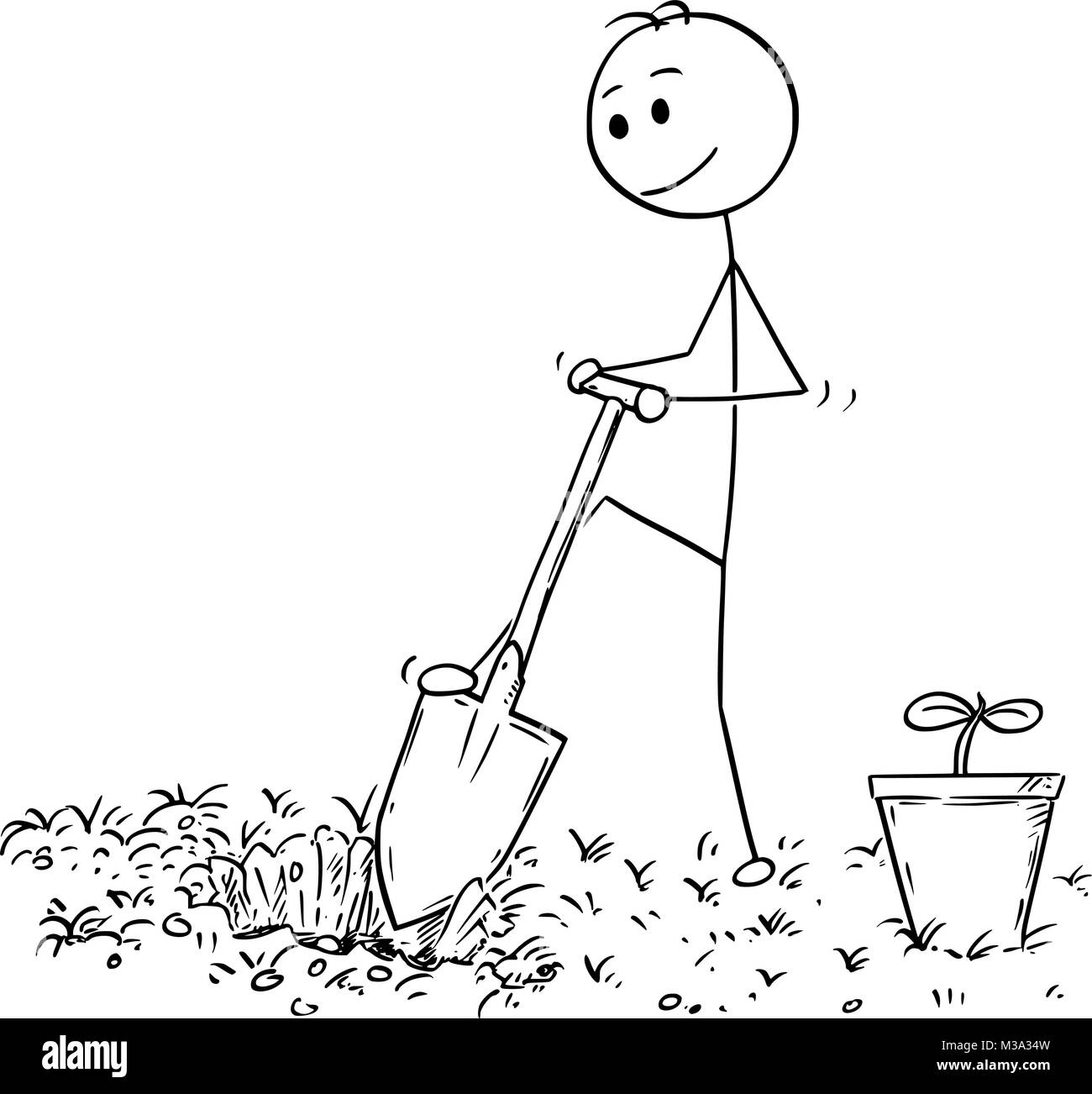 Cartoon of Gardener Digging a Hole for Plant Stock Vector