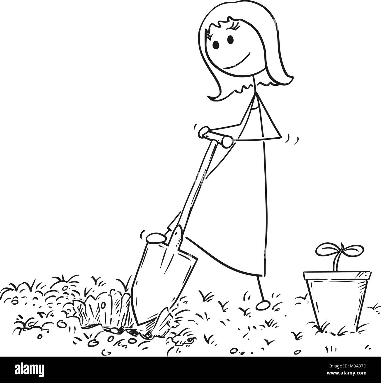 Cartoon of Gardener Woman Digging a Hole for Plant Stock Vector