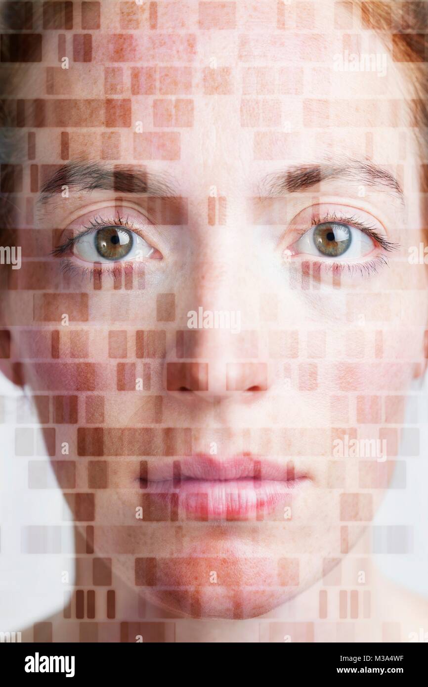 MODEL RELEASED. Conceptual composite image of a young woman's face with DNA (deoxyribonucleic acid). Stock Photo