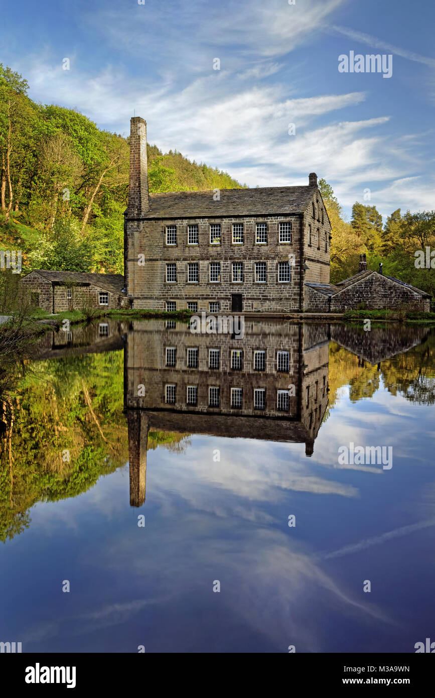 UK,West Yorkshire,Hebden Bridge,Hardcastle Crags,Gibson Mill and Pond Stock Photo